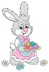 Cute little bunny in a beautiful holiday dress holding a dish with colorful chocolate Easter eggs, vector cartoon illustration isolated on a white background