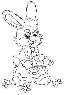 Cute little bunny in a beautiful holiday dress holding a dish with chocolate Easter eggs, black and white outline vector cartoon illustration for a coloring book page