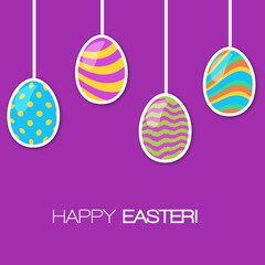 Happy Easter card. Set of cute Easter eggs with different texture on a violet background.  Vector isolated Illustration. 