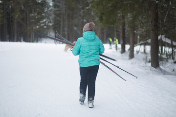 Cross country ski. Skiing in winter on the track.