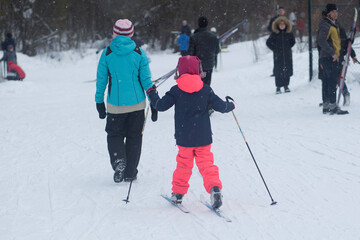 Cross country ski. Skiing in winter on the track.