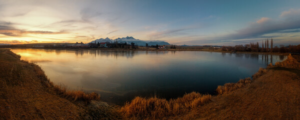 pond and lake at Kezmarok in the evening light with beautiful clouds