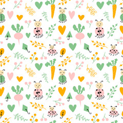 Vector Seamless pattern with Ladybirds, beetles, radish and carrot, branches, leaves, berries, hearts. Ideal for design children clothes and for other accessories, wrapping paper texture. Flat
