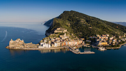 Naklejka premium Italy, aerial view of the village of Portovenere Unesco heritage in the province of La Spezia in the Liguria region