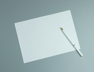 Blank white paper and white a pen on gray background. Top view