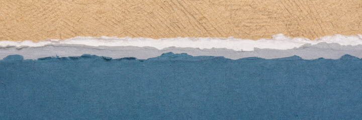 abstract landscape in brown and blue pastel tones - a collection of handmade bark and rag papers, panoramic web banner
