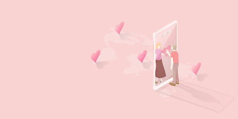 New normal concept of conversation for relationship between lovers during a viral epidemic Men and women chatting on smartphone with heart shaped polka dot world map with location pins