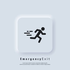 Emergency exit icon. Fire door, safe way, escape. Fire exit. Vector. Neumorphic UI UX white user interface web button. Neumorphism