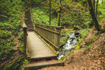 Hiking trail in German forest. Scenic footpath with wooden bridge in Rothaar Mountains in...