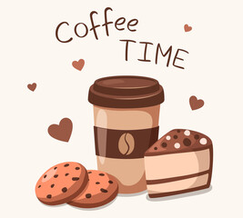 Vector illustration of coffee time. Cute cartoon desserts. Coffee, cake and cookies
