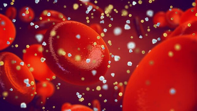 Diabetes is a metabolic disorder caused by high levels of blood sugar. 3d render animation of glucose and insulin molecules in the blood.