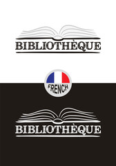 Library logo for France. Hand-drawn icon of an opened book. Library emblem in chalk style on a black chalkboard. Vector illustration for poster, banner or app design.