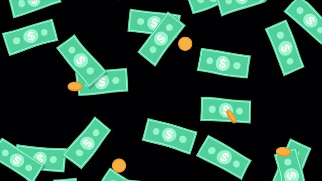 Animation of bills and coins rain. 2d flat style. Falling Dollar banknotes and cents. Money, finances concept. Seamless looped footage with ALPHA channel. Prize, jackpot win loope animated video