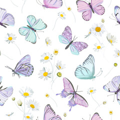 Seamless daisy flowers and butterfly vector background. Spring floral watercolor pattern
