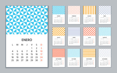 Spanish Calendar 2021 year. Week starts Monday. Wall template of Spain calender. Stationery layout with 12 months. Yearly organizer in Spanish. Vector illustration. Portrait vertical orientation