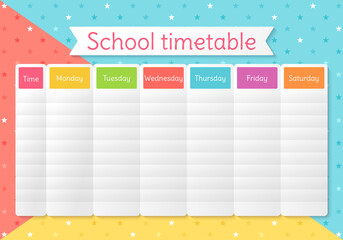School schedule. Timetable for kids. Weekly time table with lessons. Colorful student plan template. Educational classes diary. Vector illustration. Simple design on English, A4 paper size.
