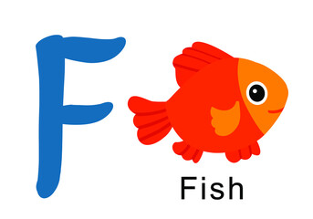 Sixth letter of English alphabet, F, for fish. Vector illustration, orange color, smiling cute fish and word fish. Digitally drawn on tablet. Large font for presentation, sticker, online, print, study