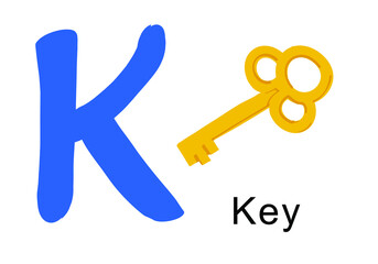 Eleventh letter of English alphabet, K, for key. Vector illustration, blue letter and gold key. Digitally drawn on tablet. Large font for presentation, sticker, online teaching, flashcards, homework