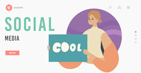Social Media Approval Landing Page Template. Female Character Hold Banner with Cool Typography in Hands, Like in Network