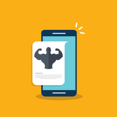 Mobile fitness. Fitness app - online fitness training icon with smartphone, flat design	