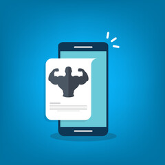 Mobile fitness. Fitness app - online fitness training icon with smartphone, flat design	