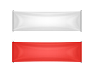 Textile advertising banners. White and red waving fabric signs, blank isolated on white background