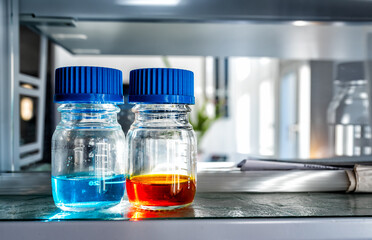 Closeup of laboratory glassware filled with blue and orange liquids, science and research background, selective focus