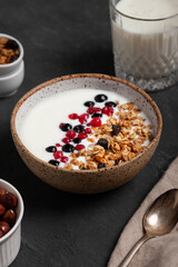 Homemade granola breakfast bowl with natural yogurt, berries, hazelnut and almond. 