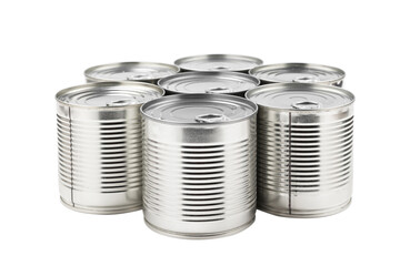 Group of silver canned food on white background.