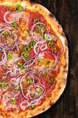 Tasty Pizza on Wooden Boards. Top Down Overhead View. Menu Brochure Layout Design.