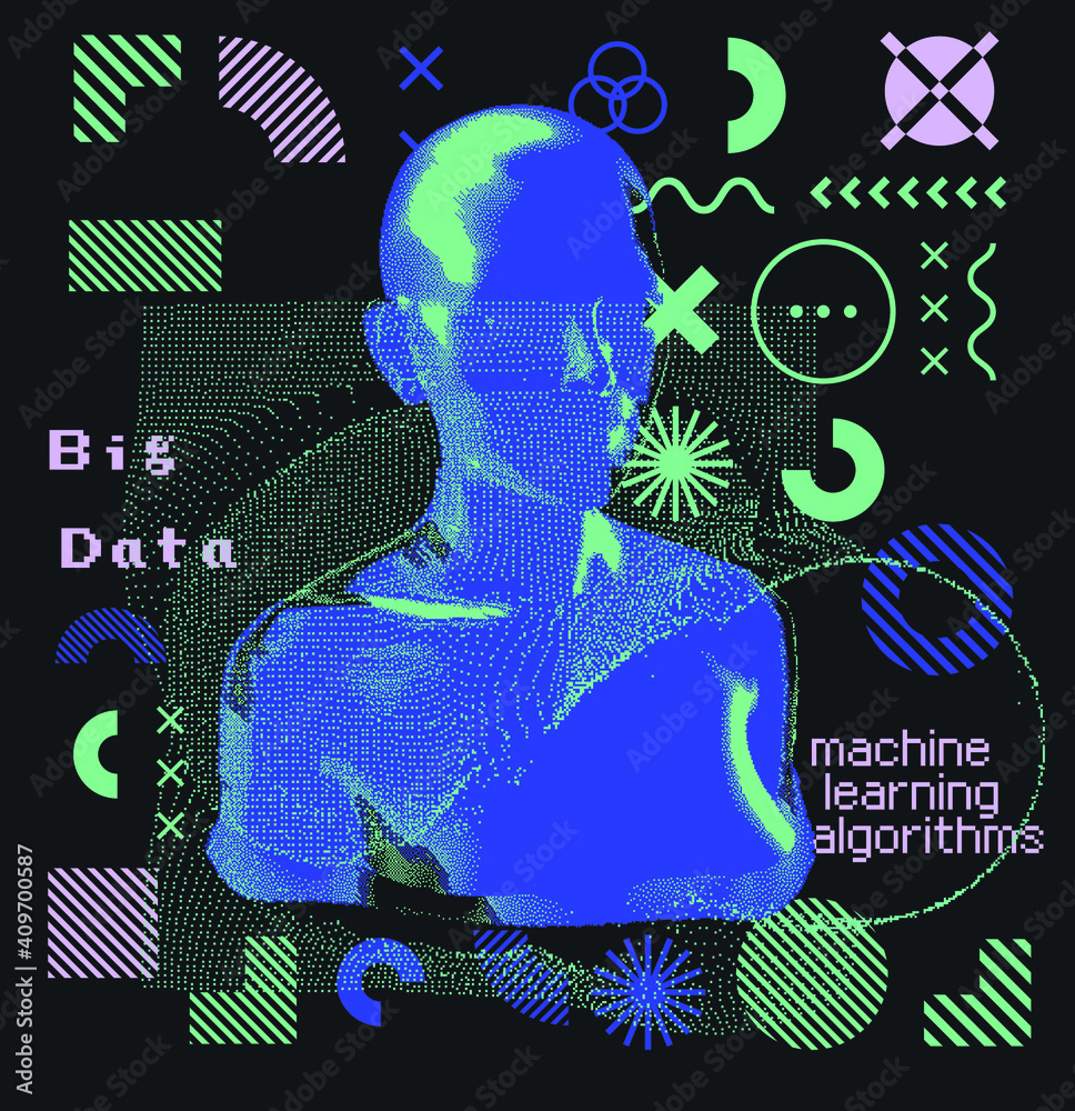 Poster Pixelated and glitched portrait of android human, supreme artificial intelligence. Generative computer art.