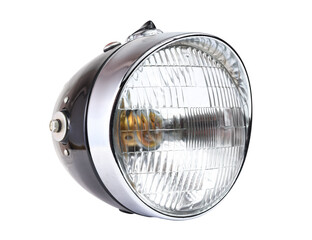 Old vintage motorcycle headlight isolated on white background.