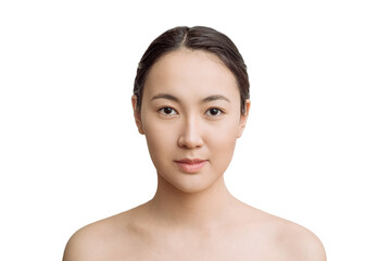 Skin care. portrait of a beautiful Asian woman with a beautiful face close-up. asian girl model with natural makeup moisturized skin on white isolated background