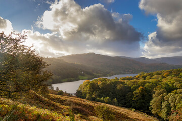 Rydal water on sunset, river Rothay (On the way to Loughrigg), Rydal, Ambleside, Lake District, England, Great Britain.