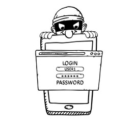 Black and whit cartoon style vector illustration of masked hacker spying privet smartphone when user is trying to login. The hacker wants to steal private data from webpage. Doodle style illustration.