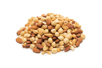 Mix of nuts isolated on white background. Top view.