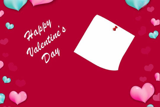 Happy Valentine's Day with a white advertising sticker.Hearts on a red background with writting space.Copy space contained.