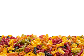 Multicolored pasta variety isolated on background.