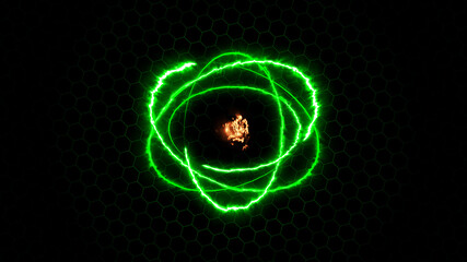 Colorful blazing ring fire fiery atom sphere circle magic shiny rotation loop around the core on a...