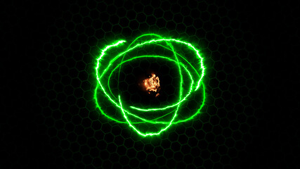 Colorful blazing ring fire fiery atom sphere circle magic shiny rotation loop around the core on a black background