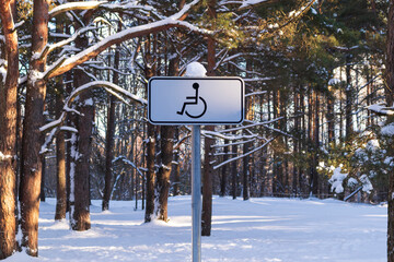 Road sign for disabled parking in the forest. Outdoor winter