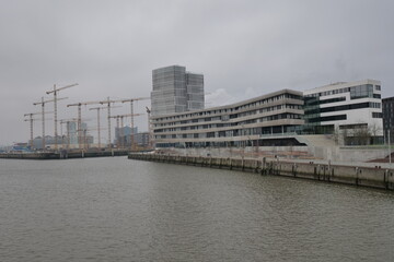 Fototapeta premium Cloudy construction site in Hamburg, Germany