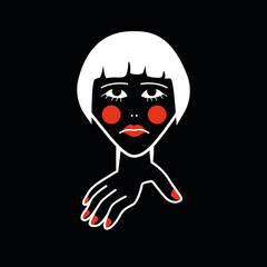 Abstract line art face. Modern contemporary minimalist woman portrait on black background