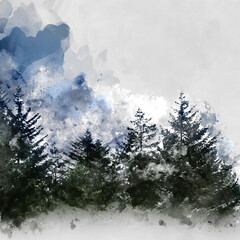 Digital watercolor image of Stunning majestic landscape image of Buachaille Etive Mor and River Etive in Scottish Highlands on a Winter morning with moody sky and lighting © veneratio