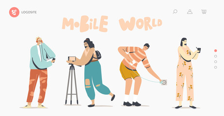 Phone Accessories Landing Page Template. Young Characters Using Modern Digital Devices and Gadgets. Smartphone Supplies