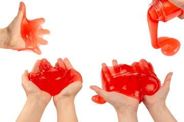 Red slime toy in woman hand isolated on white.