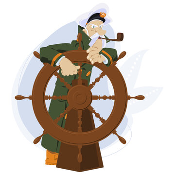 recommend clip art: Sea wolf with pipe. Old captain of ship at wheel. Illustration for internet and mobile website.