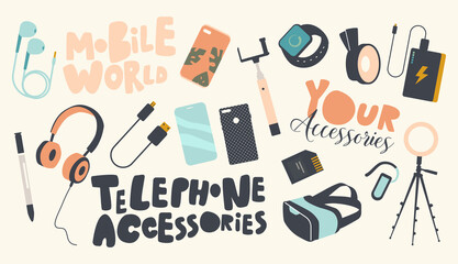 Set of Icons Phone Accessories Theme. Modern Digital Devices and Gadgets Tripod for Smartphone, Usb Charger, Memory Card