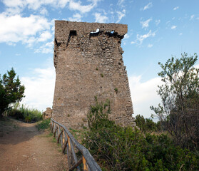 View of an old barbican in ruins built by the Bourbons along the Cilento coast in southern Italy to...