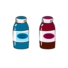 A set of medical bottles of different colors with cough or allergy syrup. Doodle vector illustration, simple cartoon line art.
